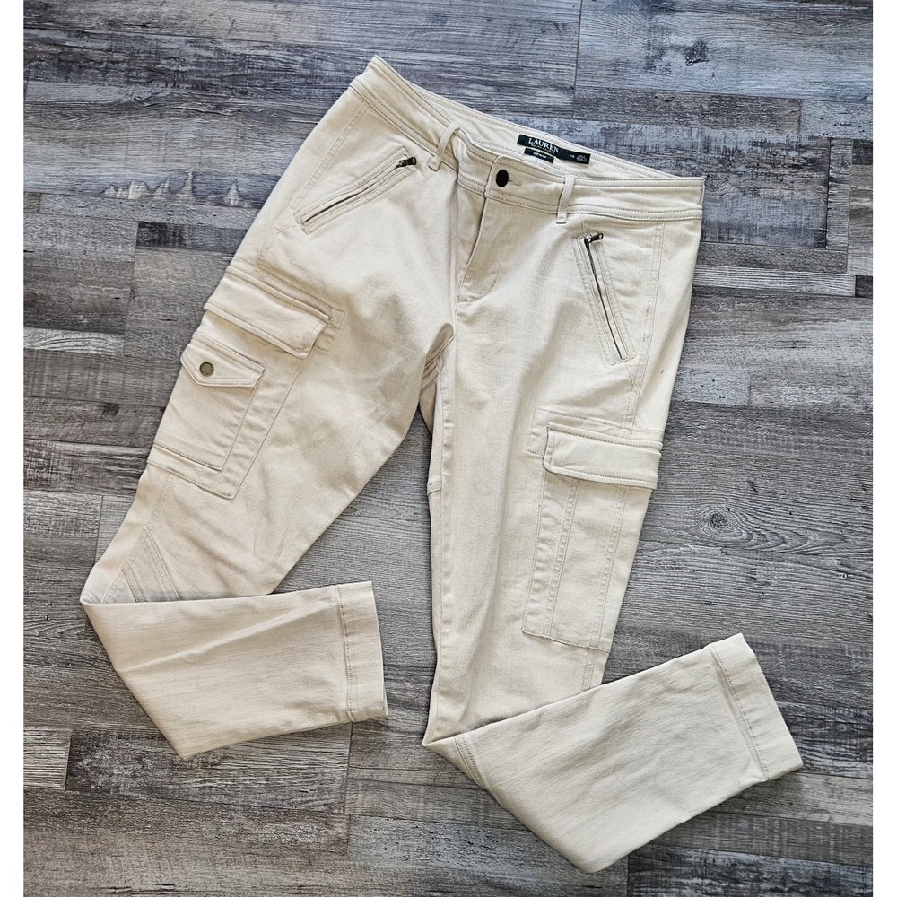🩵🩷RALPH LAUREN Denim Beige Wash Super Stretch Cargo Moto Skinny Jeans 10💛🩷